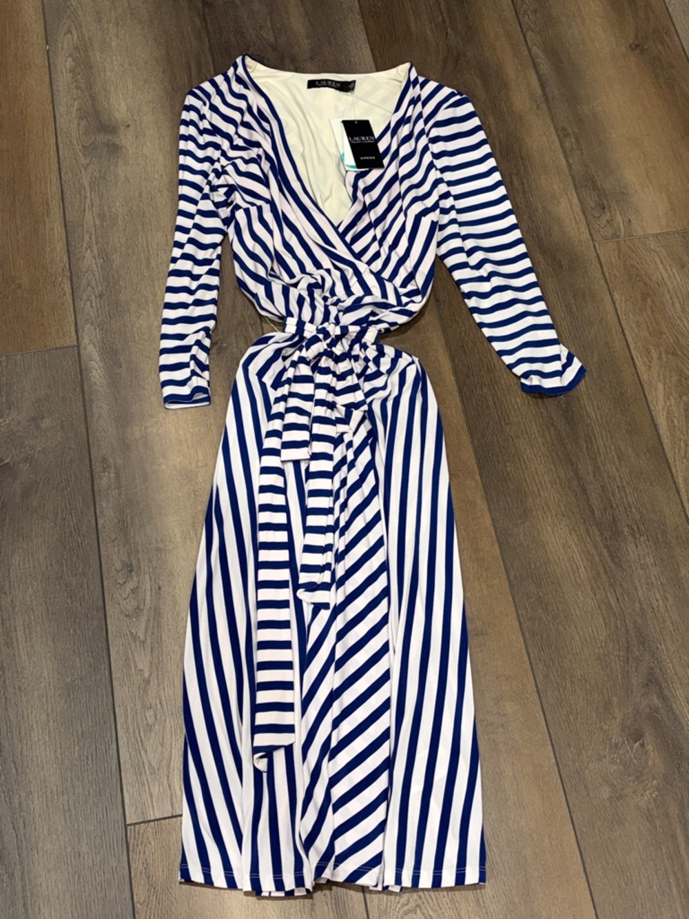 Lauren Ralph Lauren Blue and White Striped Midi Wrap Dress